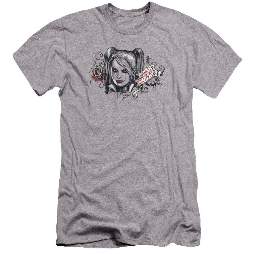 AN OFFCIALLY LICENSED BATMAN ARKHAM KNIGHT HQ SKETCH MEN'S PREMIUM SLIM FIT T-SHIRT ATHLETIC HEATHER