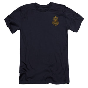 AN OFFCIALLY LICENSED BATMAN ARKHAM KNIGHT GOTHAM BADGE MEN'S PREMIUM SLIM FIT T-SHIRT NAVY