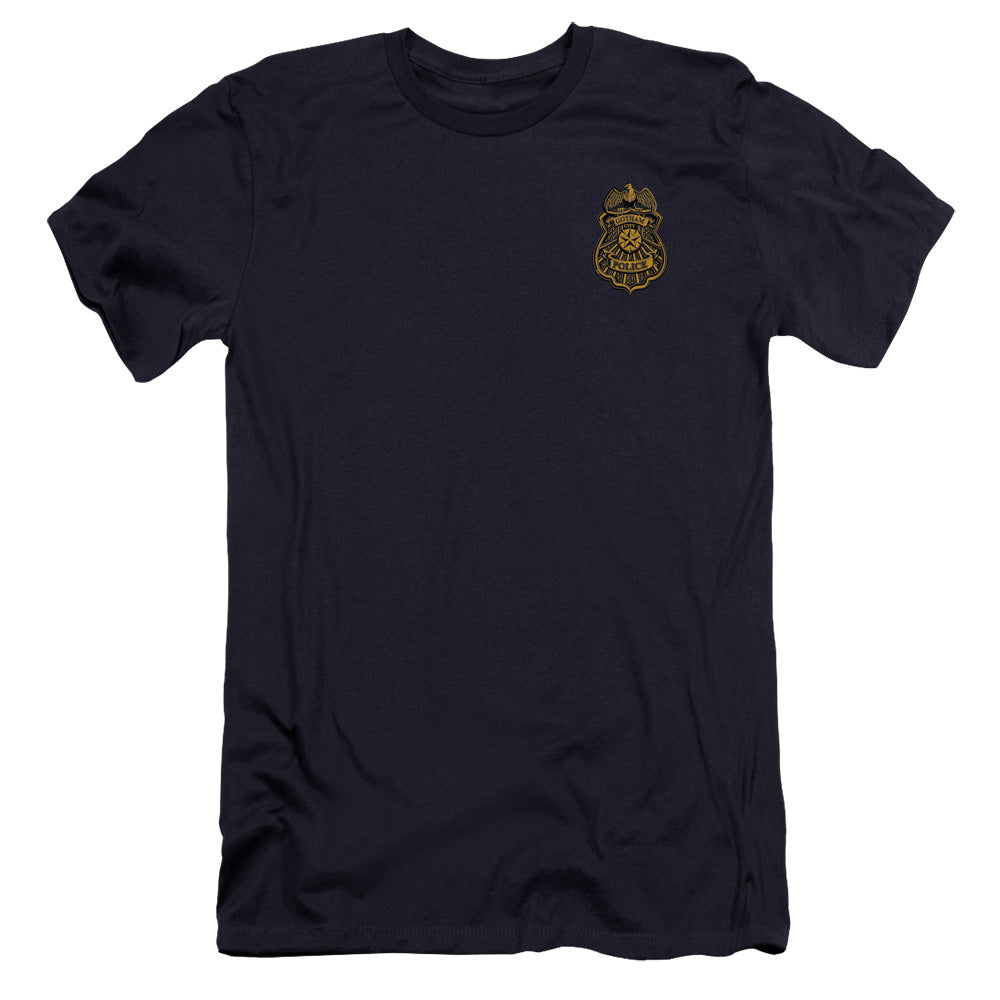 AN OFFCIALLY LICENSED BATMAN ARKHAM KNIGHT GOTHAM BADGE MEN'S PREMIUM SLIM FIT T-SHIRT NAVY