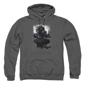 AN OFFCIALLY LICENSED BATMAN ARKHAM KNIGHT PERCHED ADULT UNISEX PULLOVER HOODIE CHARCOAL