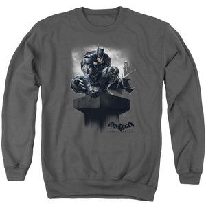 AN OFFCIALLY LICENSED BATMAN ARKHAM KNIGHT PERCHED ADULT UNISEX CREWNECK SWEATSHIRT CHARCOAL