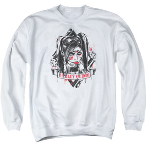 AN OFFCIALLY LICENSED BATMAN ARKHAM KNIGHT SUGAR QUINN ADULT UNISEX CREWNECK SWEATSHIRT WHITE