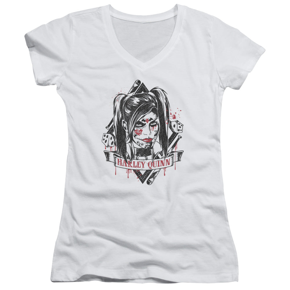 Batman Arkham Knight Sugar Quinn Licensed Women's T-Shirt Juniors V-Neck SM