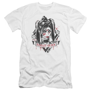 AN OFFCIALLY LICENSED BATMAN ARKHAM KNIGHT SUGAR QUINN MEN'S PREMIUM SLIM FIT T-SHIRT WHITE