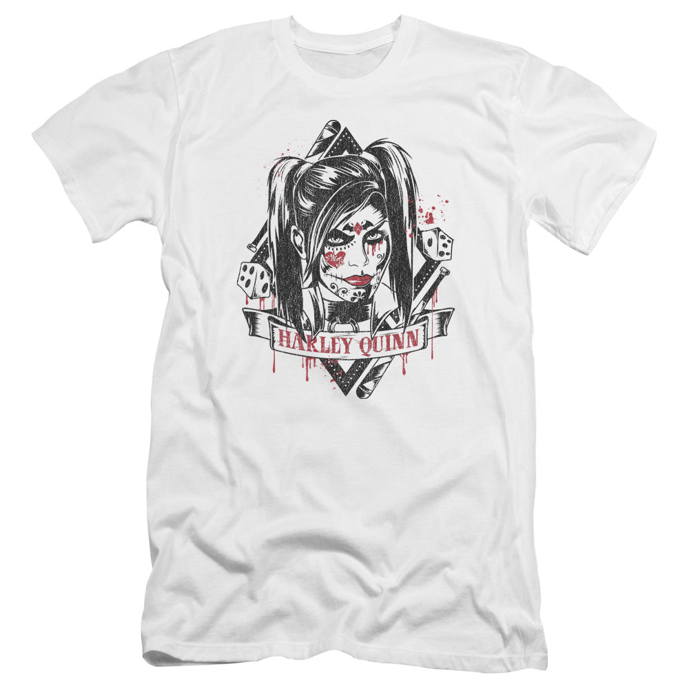 AN OFFCIALLY LICENSED BATMAN ARKHAM KNIGHT SUGAR QUINN MEN'S PREMIUM SLIM FIT T-SHIRT WHITE