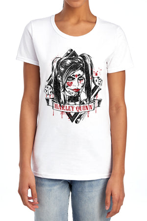 AN OFFCIALLY LICENSED BATMAN ARKHAM KNIGHT SUGAR QUINN WOMEN'S REGULAR FIT T-SHIRT WHITE