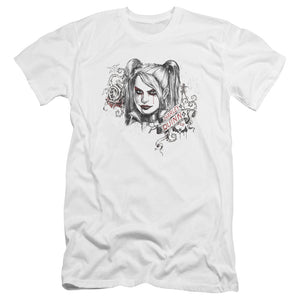 AN OFFCIALLY LICENSED BATMAN ARKHAM KNIGHT SKETCHY GIRL MEN'S PREMIUM SLIM FIT T-SHIRT WHITE