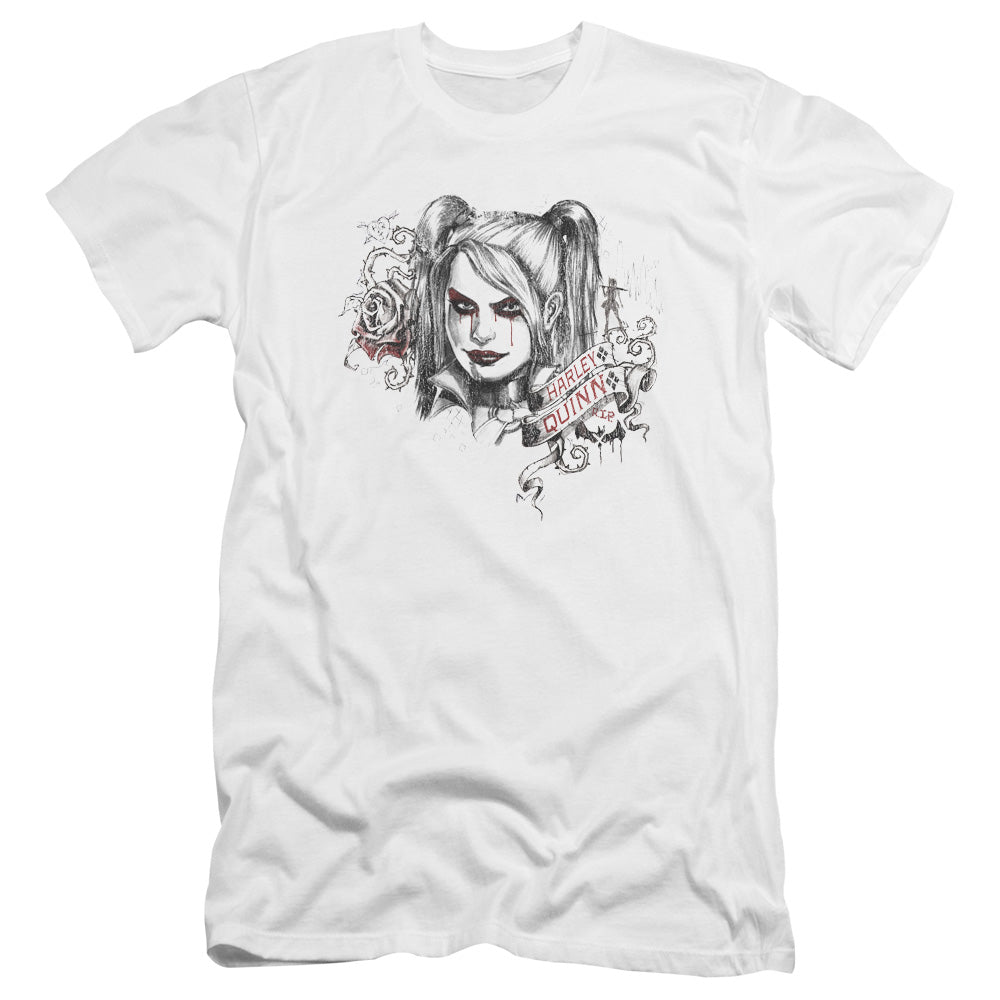 AN OFFCIALLY LICENSED BATMAN ARKHAM KNIGHT SKETCHY GIRL MEN'S PREMIUM SLIM FIT T-SHIRT WHITE