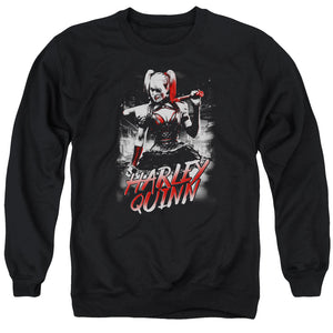 AN OFFCIALLY LICENSED BATMAN ARKHAM KNIGHT QUINN CITY ADULT UNISEX CREWNECK SWEATSHIRT BLACK