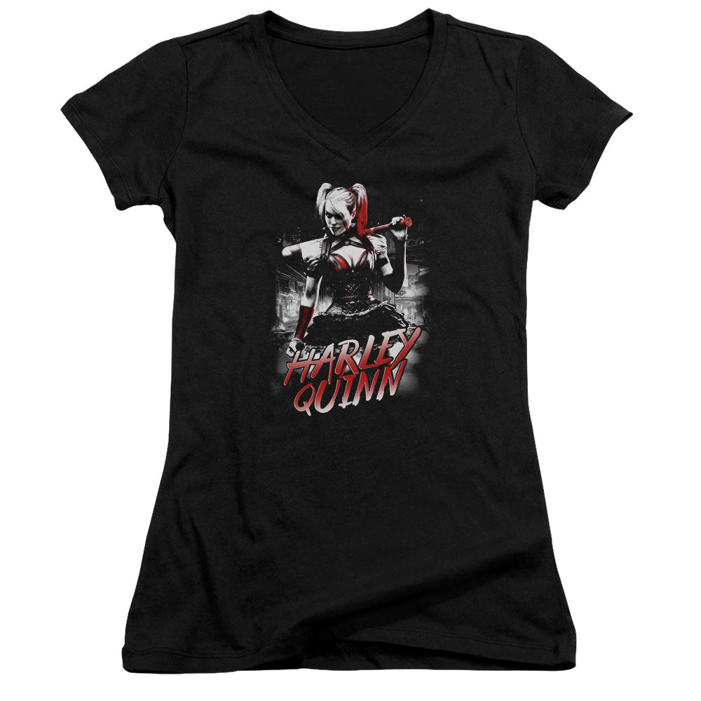 Batman Arkham Knight Quinn City Licensed Women's T-Shirt Juniors V-Neck SM