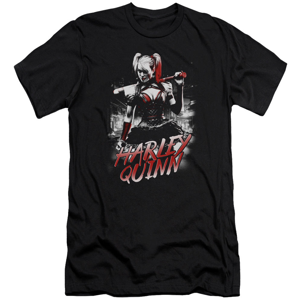 AN OFFCIALLY LICENSED BATMAN ARKHAM KNIGHT QUINN CITY MEN'S PREMIUM SLIM FIT T-SHIRT BLACK
