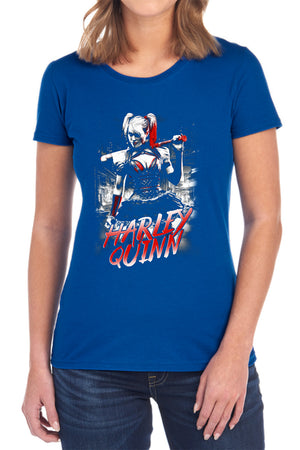 AN OFFCIALLY LICENSED BATMAN ARKHAM KNIGHT QUINN CITY WOMEN'S REGULAR FIT T-SHIRT BLACK