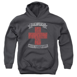 AN OFFCIALLY LICENSED BON JOVI BAD MEDICINE YOUTH HOODIE CHARCOAL