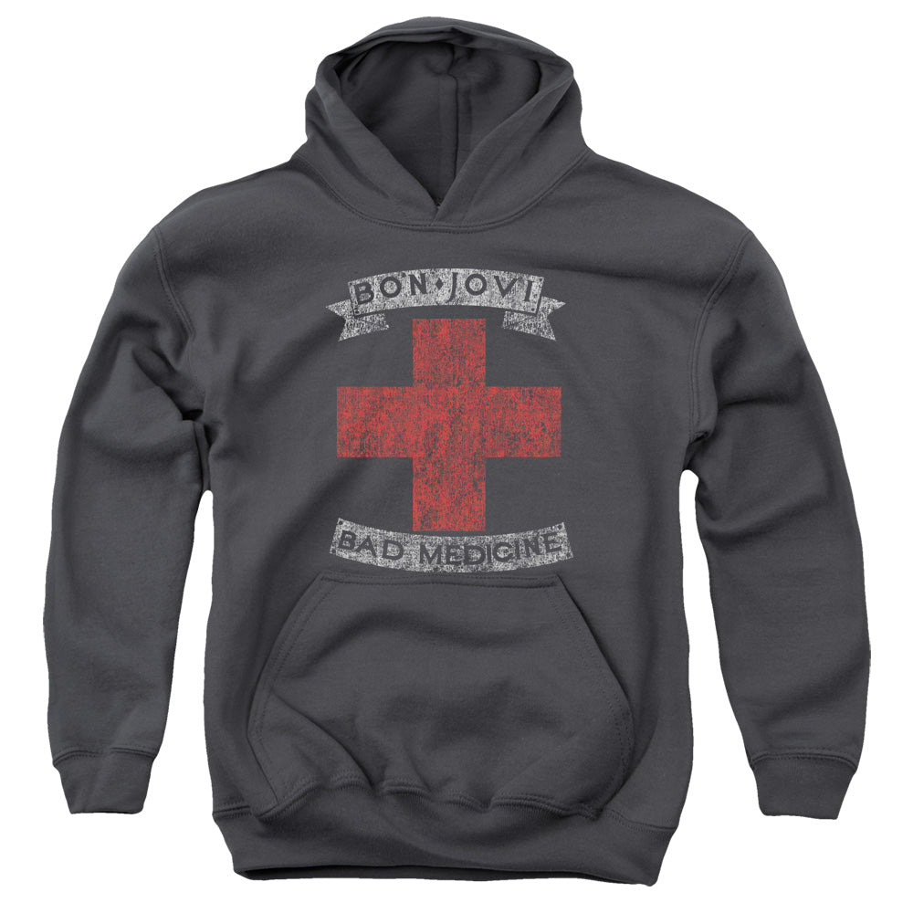 AN OFFCIALLY LICENSED BON JOVI BAD MEDICINE YOUTH HOODIE CHARCOAL