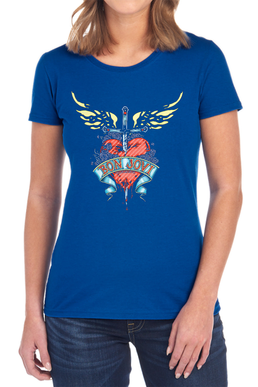 AN OFFCIALLY LICENSED BON JOVI DAGGERED WOMEN'S REGULAR FIT T-SHIRT BLACK