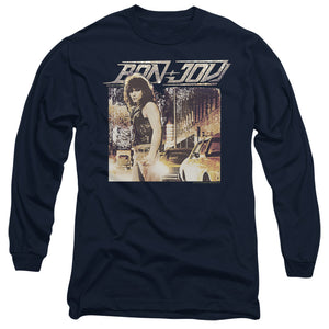 AN OFFCIALLY LICENSED BON JOVI RUNAWAY JON MEN'S LONG SLEEVE T-SHIRT NAVY