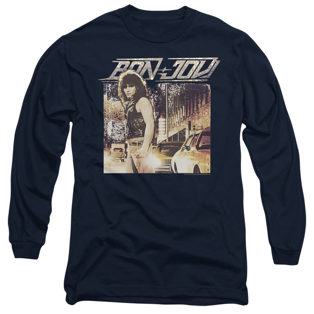 AN OFFCIALLY LICENSED BON JOVI RUNAWAY JON MEN'S LONG SLEEVE T-SHIRT NAVY