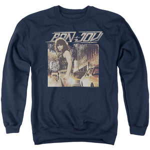 AN OFFCIALLY LICENSED BON JOVI RUNAWAY JON ADULT UNISEX CREWNECK SWEATSHIRT NAVY