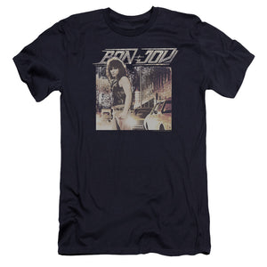 AN OFFCIALLY LICENSED BON JOVI RUNAWAY JON MEN'S PREMIUM SLIM FIT T-SHIRT NAVY