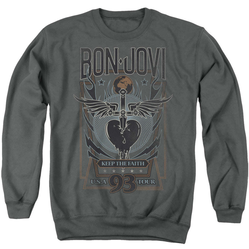 AN OFFCIALLY LICENSED BON JOVI KEEP THE FAITH ADULT UNISEX CREWNECK SWEATSHIRT CHARCOAL