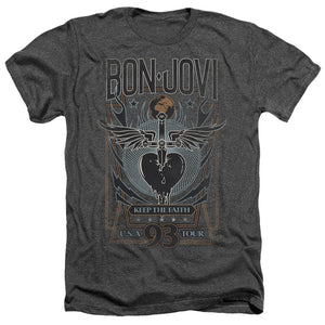 AN OFFCIALLY LICENSED BON JOVI KEEP THE FAITH MEN'S HEATHER T-SHIRT CHARCOAL