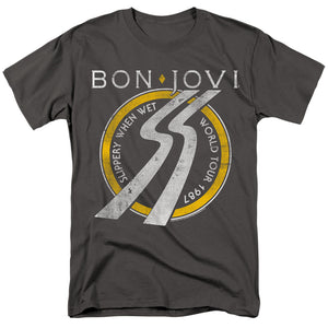 AN OFFCIALLY LICENSED BON JOVI SLIPPERY WHEN WET WORLD TOUR MEN'S REGULAR FIT T-SHIRT CHARCOAL