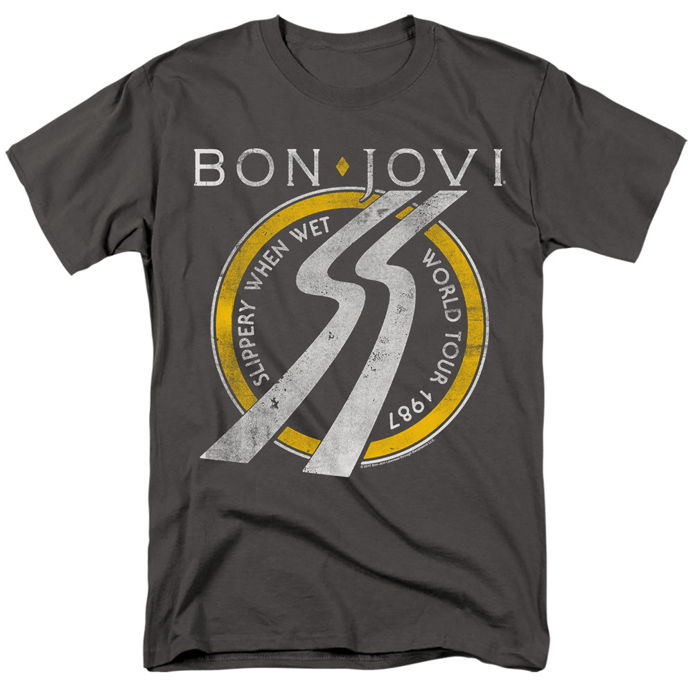 AN OFFCIALLY LICENSED BON JOVI SLIPPERY WHEN WET WORLD TOUR MEN'S REGULAR FIT T-SHIRT CHARCOAL