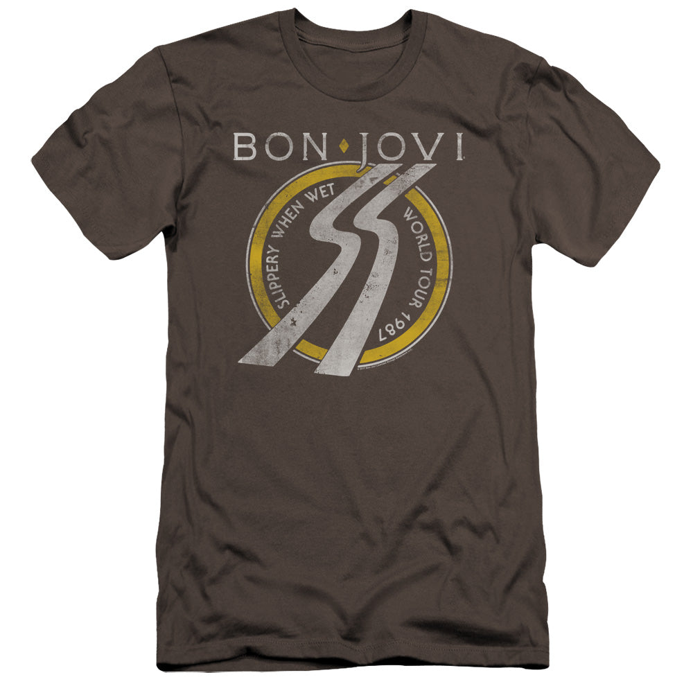 AN OFFCIALLY LICENSED BON JOVI SLIPPERY WHEN WET WORLD TOUR MEN'S PREMIUM SLIM FIT T-SHIRT CHARCOAL