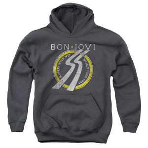 AN OFFCIALLY LICENSED BON JOVI SLIPPERY WHEN WET WORLD TOUR YOUTH HOODIE CHARCOAL