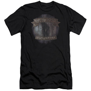 AN OFFCIALLY LICENSED BON JOVI NEW JERSEY MEN'S PREMIUM SLIM FIT T-SHIRT BLACK