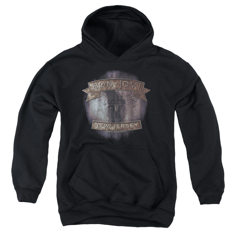 AN OFFCIALLY LICENSED BON JOVI NEW JERSEY YOUTH HOODIE BLACK