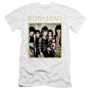AN OFFCIALLY LICENSED BON JOVI FRAMED MEN'S PREMIUM SLIM FIT T-SHIRT WHITE