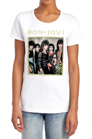 AN OFFCIALLY LICENSED BON JOVI FRAMED WOMEN'S REGULAR FIT T-SHIRT WHITE