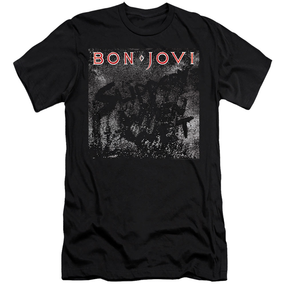 AN OFFCIALLY LICENSED BON JOVI SLIPPERY COVER MEN'S PREMIUM SLIM FIT T-SHIRT BLACK