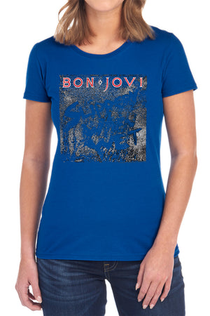 AN OFFCIALLY LICENSED BON JOVI SLIPPERY COVER WOMEN'S REGULAR FIT T-SHIRT BLACK