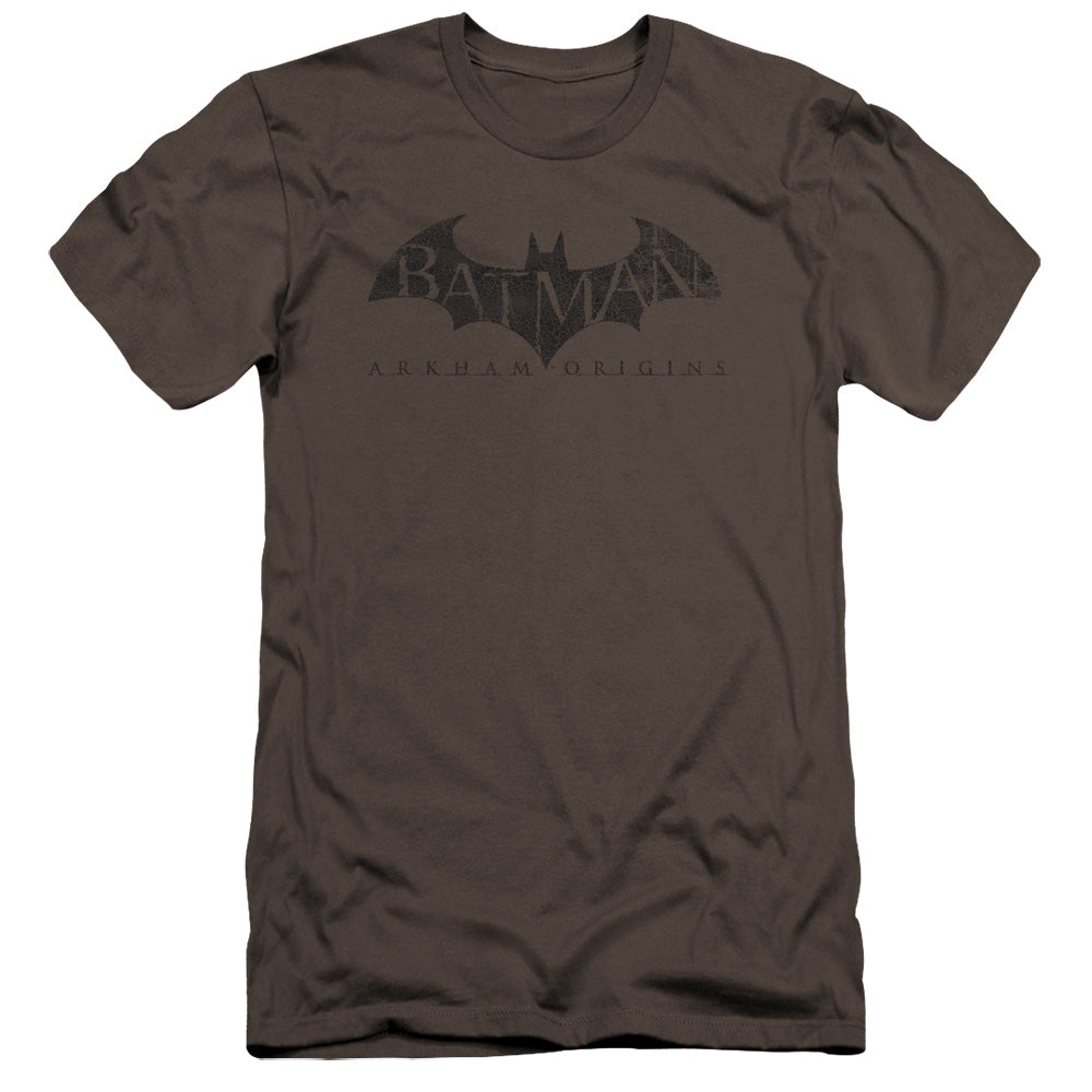 AN OFFCIALLY LICENSED BATMAN ARKHAM ORIGINS CRACKLE LOGO MEN'S PREMIUM SLIM FIT T-SHIRT CHARCOAL