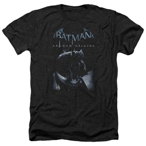 AN OFFCIALLY LICENSED BATMAN ARKHAM ORIGINS PERCHED CAT MEN'S HEATHER T-SHIRT CHARCOAL