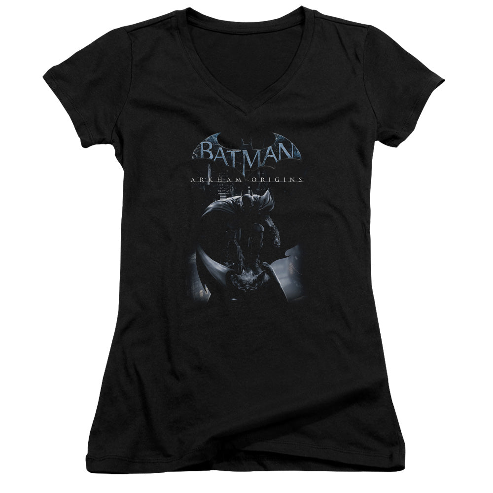 Batman Arkham Origins Perched Cat Licensed Women's T-Shirt Juniors V-Neck SM