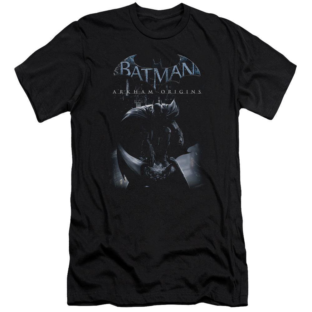 AN OFFCIALLY LICENSED BATMAN ARKHAM ORIGINS PERCHED CAT MEN'S PREMIUM SLIM FIT T-SHIRT BLACK