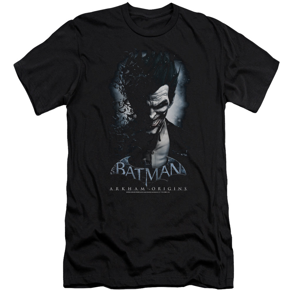AN OFFCIALLY LICENSED BATMAN ARKHAM ORIGINS JOKER MEN'S PREMIUM SLIM FIT T-SHIRT BLACK