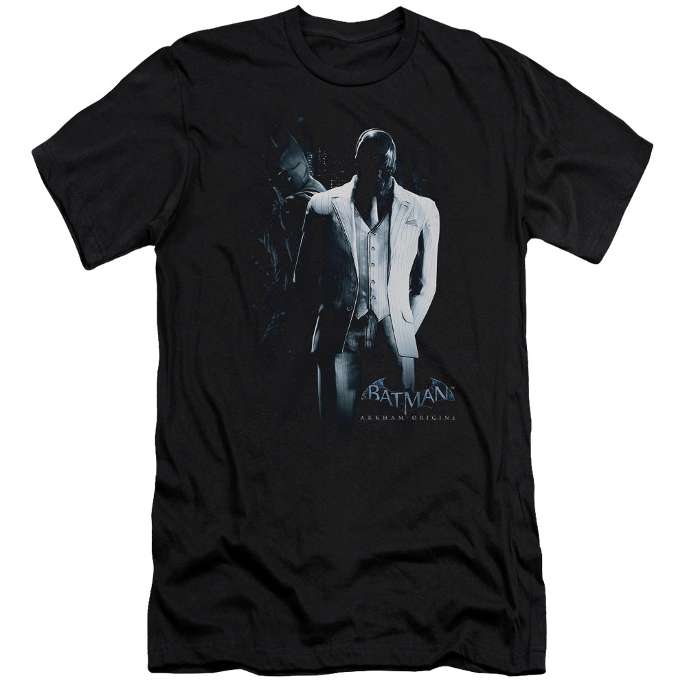AN OFFCIALLY LICENSED BATMAN ARKHAM ORIGINS BLACK MASK MEN'S PREMIUM SLIM FIT T-SHIRT BLACK