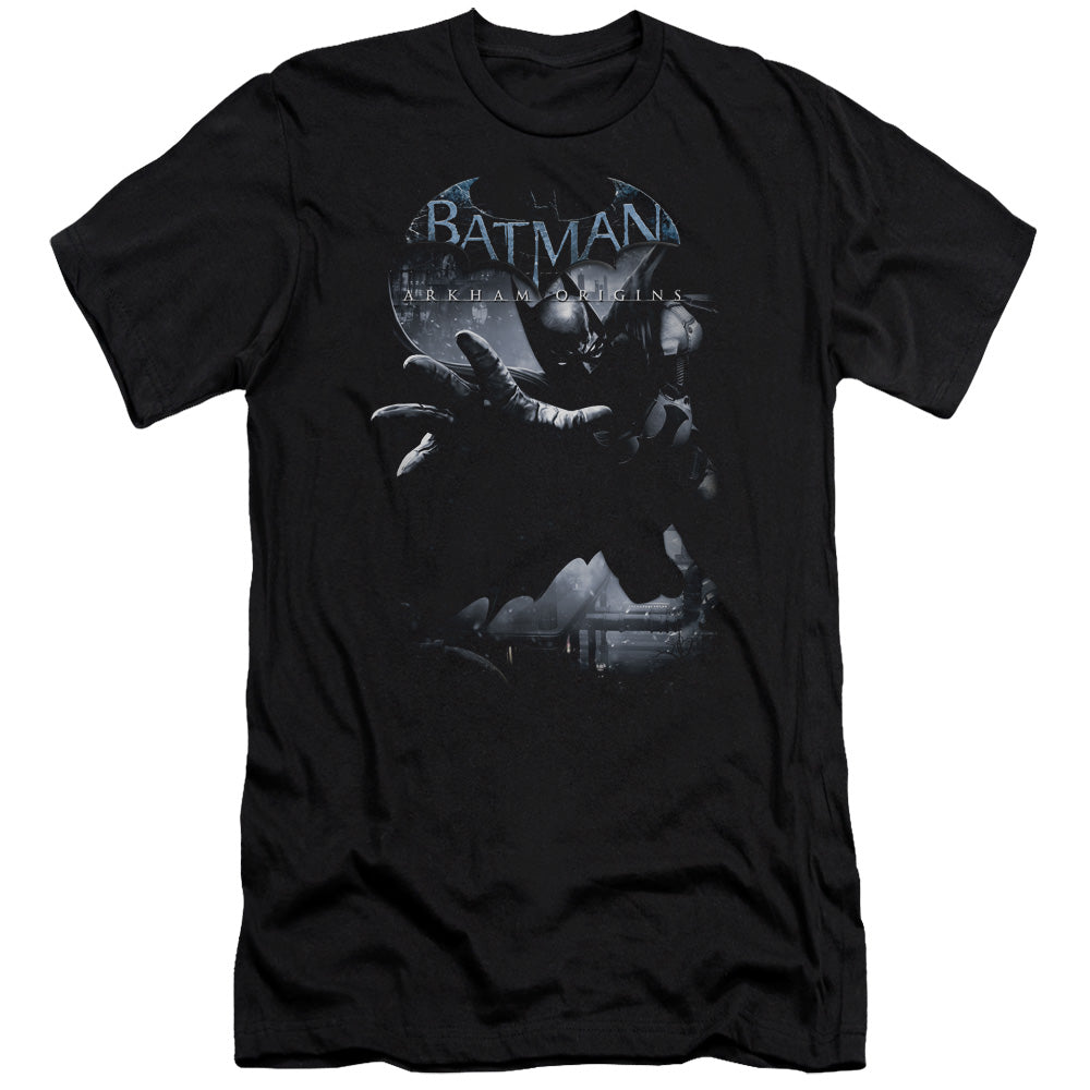 AN OFFCIALLY LICENSED BATMAN ARKHAM ORIGINS OUT OF THE SHADOWS MEN'S PREMIUM SLIM FIT T-SHIRT BLACK