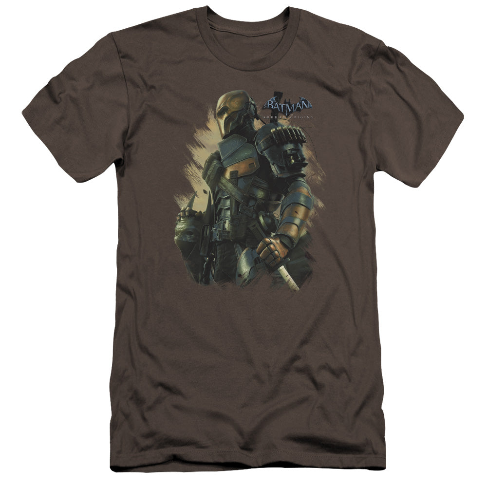 AN OFFCIALLY LICENSED BATMAN ARKHAM ORIGINS DEATHSTROKE MEN'S PREMIUM SLIM FIT T-SHIRT CHARCOAL