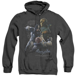 AN OFFCIALLY LICENSED BATMAN ARKHAM ORIGINS PUNCH ADULT UNISEX HEATHER PULLOVER HOODIE BLACK