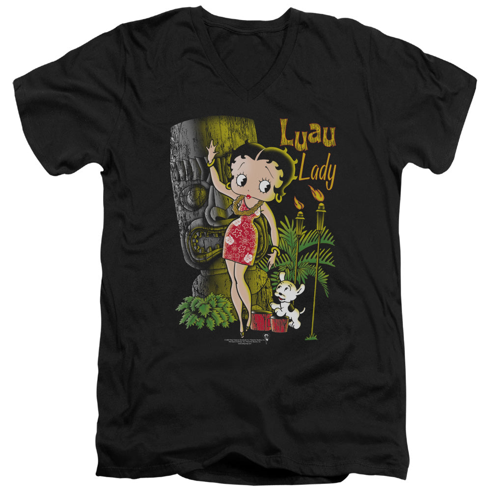 AN OFFCIALLY LICENSED BETTY BOOP LUAU LADY MEN'S V-NECK T-SHIRT BLACK