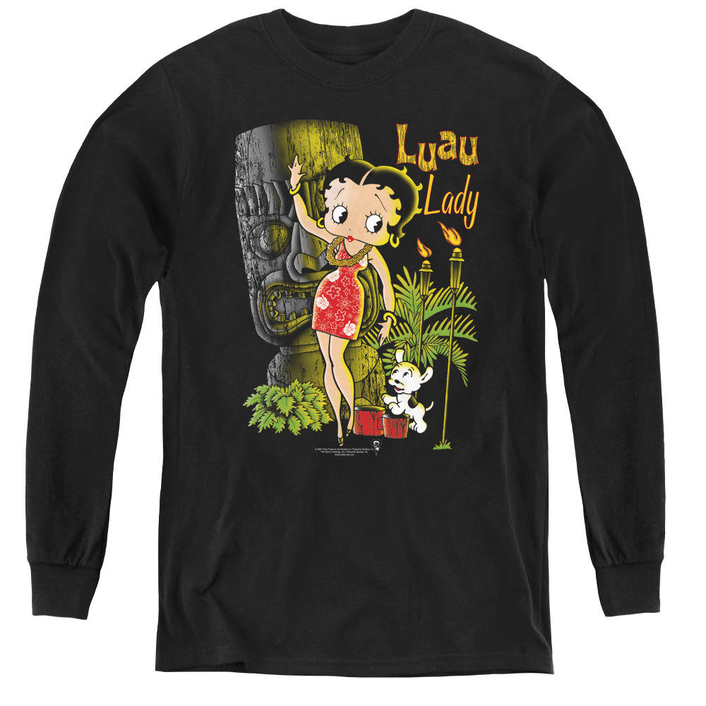 AN OFFCIALLY LICENSED BETTY BOOP LUAU LADY YOUTH LONG SLEEVE T-SHIRT BLACK