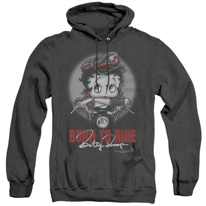 AN OFFCIALLY LICENSED BETTY BOOP BORN TO RIDE ADULT UNISEX HEATHER PULLOVER HOODIE BLACK