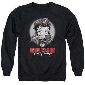 AN OFFCIALLY LICENSED BETTY BOOP BORN TO RIDE ADULT UNISEX CREWNECK SWEATSHIRT BLACK