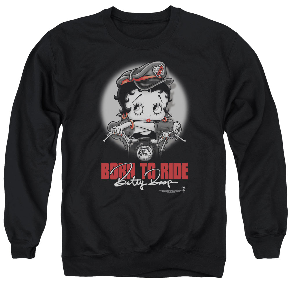 AN OFFCIALLY LICENSED BETTY BOOP BORN TO RIDE ADULT UNISEX CREWNECK SWEATSHIRT BLACK