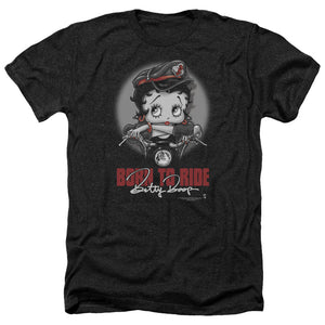 AN OFFCIALLY LICENSED BETTY BOOP BORN TO RIDE MEN'S HEATHER T-SHIRT CHARCOAL